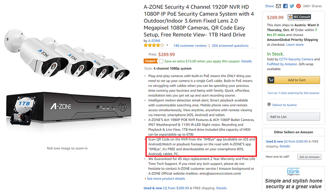 Screenshot “A-ZONE” cameras (Source: Amazon)