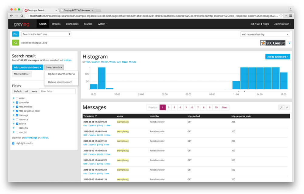 Graylog search results screen - SEC Consult