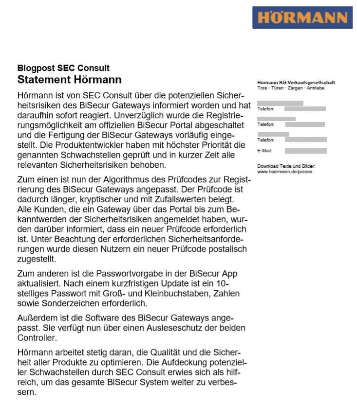 Stellungnahme zu Schwachstellen vom Hersteller Hörmann Stellungnahme zu Schwachstellen vom Hersteller Hörmann - SEC Consult