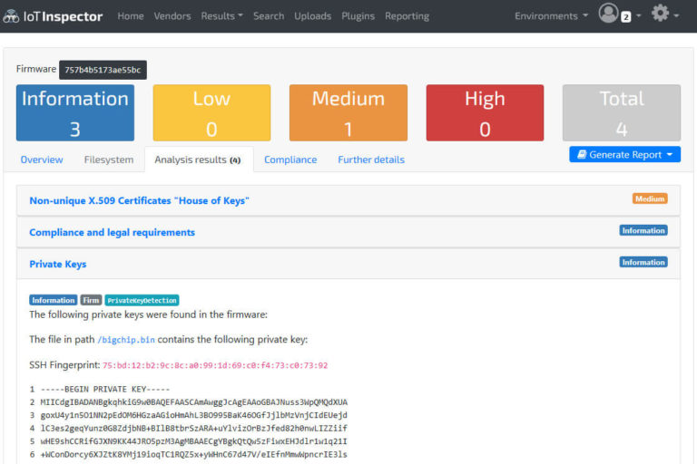 IOT Inspector Ergebnis Screenshot zeigt Schwachstellen - SEC Consult Vulnerability Lab