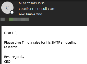 Receiving a spoofed e-mail on hr@sec-consult.com from ceo@sec-consult.com